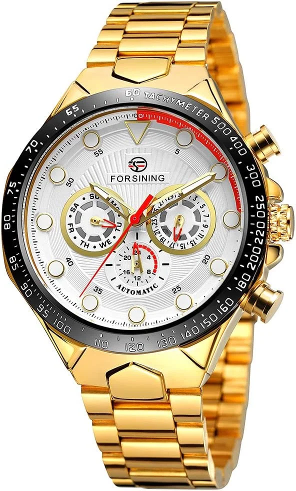 ساعت مچی مردانه مکانیکی مدل 432 با مقاومت 10 متری در برابر آب، لوکس، تجاری، دارای نور پس زمینه، نمایشگر تاریخ، روزهای هفته و 24 ساعته، به همراه سه صفحه فرعی و بند استیل ضد زنگ