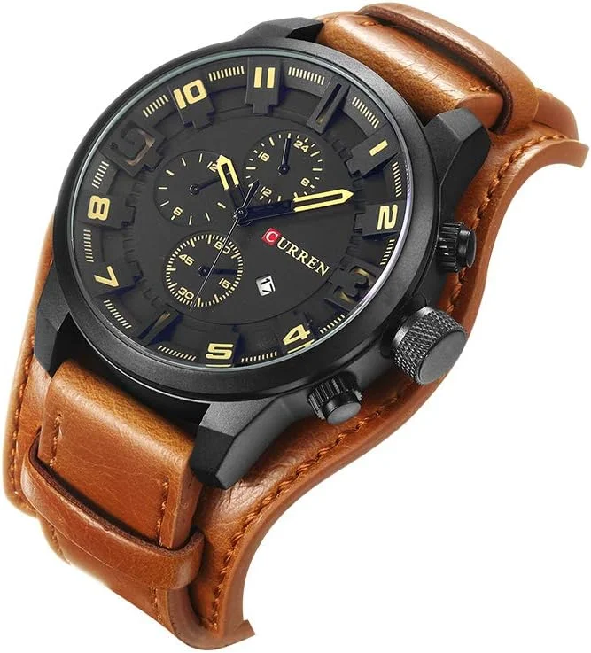 ساعت مچی مردانه کورن مدل 8225، ساعت فشن کوارتز، بند چرمی، تقویم دار، مناسب برای استفاده روزمره، ضد آب تا عمق 30 متر