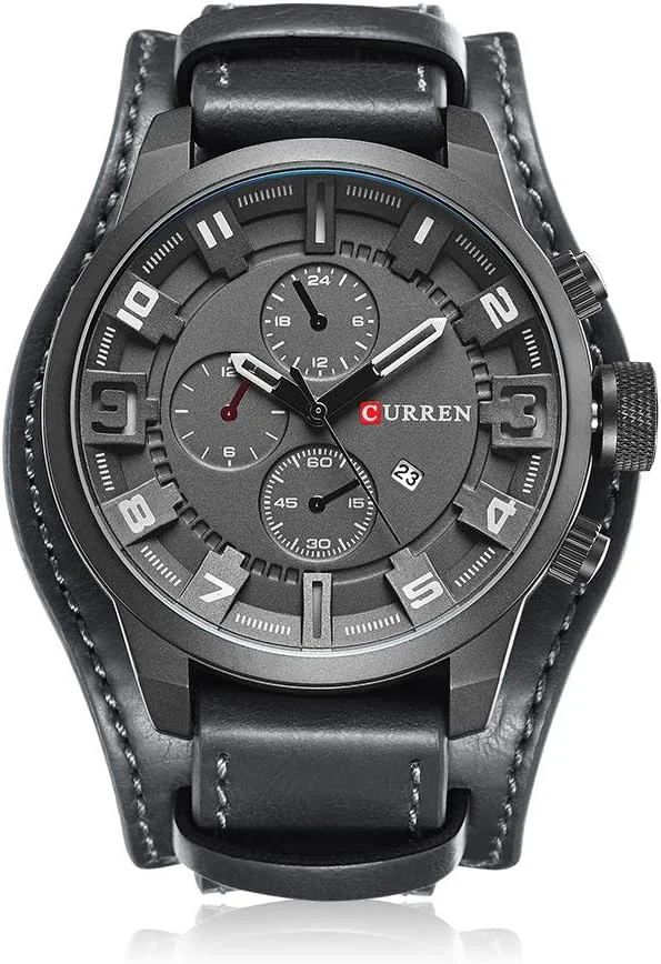 بسته 2 عددی ساعت مچی مردانه کورن مدل 8225، ساعت کوارتز فشن، بند چرمی تقویم دار، مناسب استایل تجاری و نظامی، نمایشگر دوگانه، ضد آب تا عمق 30 متر