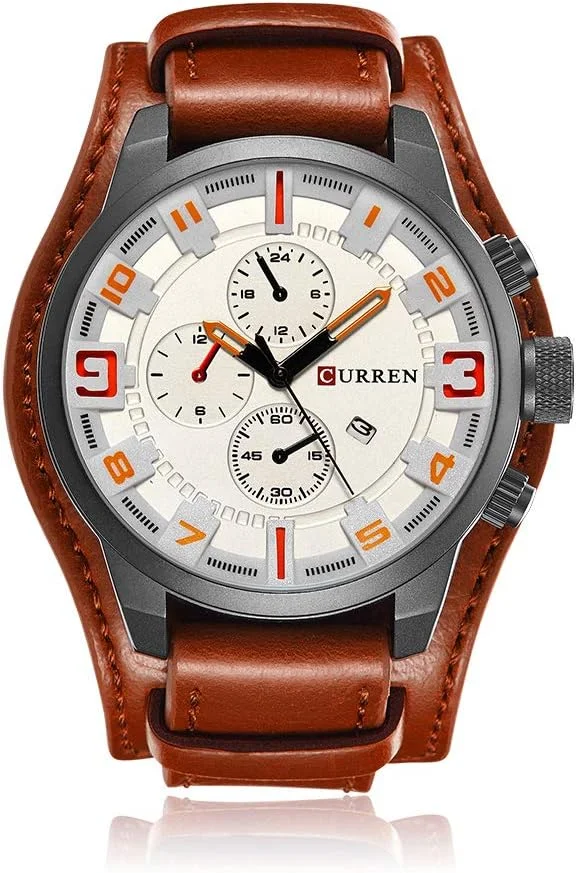 ست دو عددی ساعت مچی مردانه CURREN 8225، ساعت مد روز کوارتز، بند چرمی تقویم دار، مناسب برای تجارت و استفاده نظامی، نمایشگر دوگانه، ضد آب تا عمق 30 متر