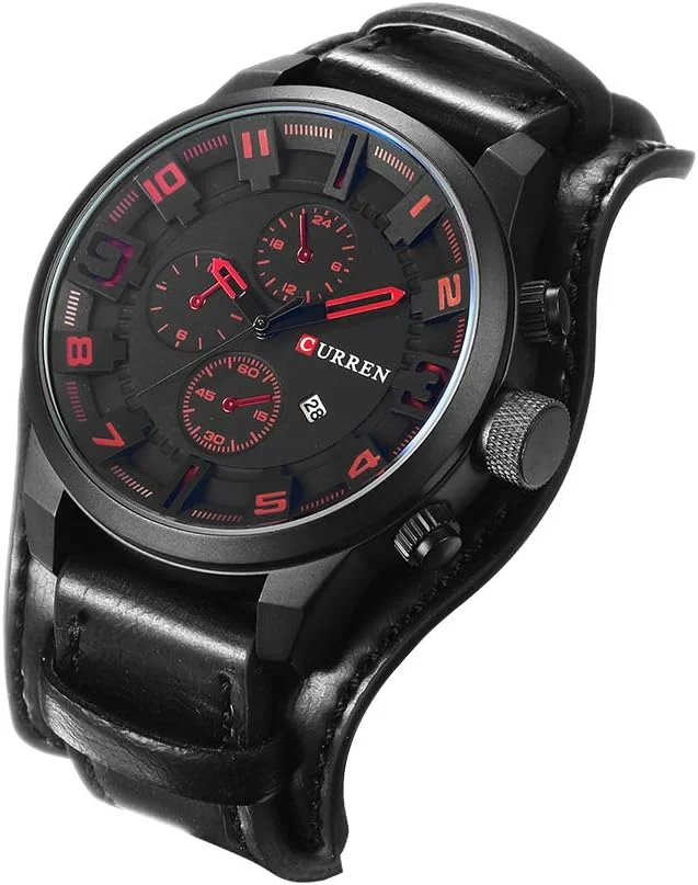 آنسلف بسته دو عددی، ساعت مچی مردانه کورن 8225 کوارتز فشن بند چرمی تقویم دار تجاری نظامی دو زمانه ضد آب تا عمق 30 متر