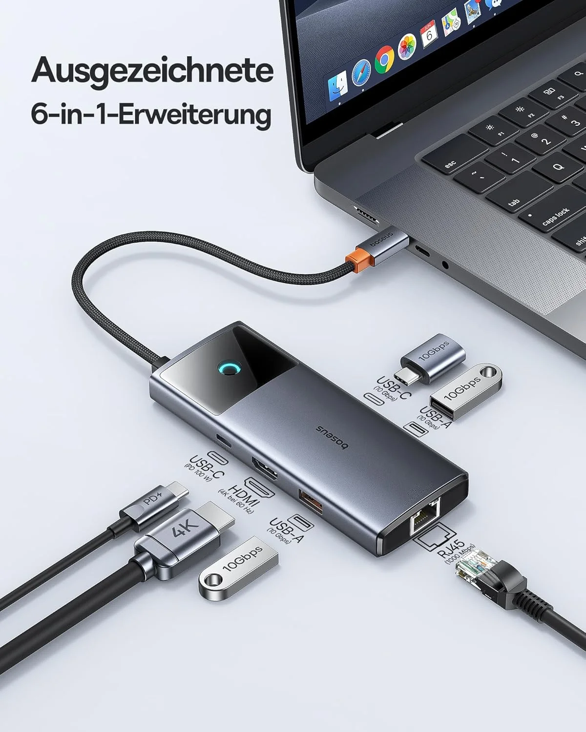 هاب USB C بیسوس 10 گیگابیت بر ثانیه، آداپتور USB 3.2 با LAN اترنت، HDMI 4K@60Hz، دو پورت USB-A، USB-C، توان 100 وات PD، داک استیشن 6 در 1 برای آیفون 15، لپ تاپ MacBook/Surface Pro/Dell/iPad/Steam Deck/Rog Ally/Samsung