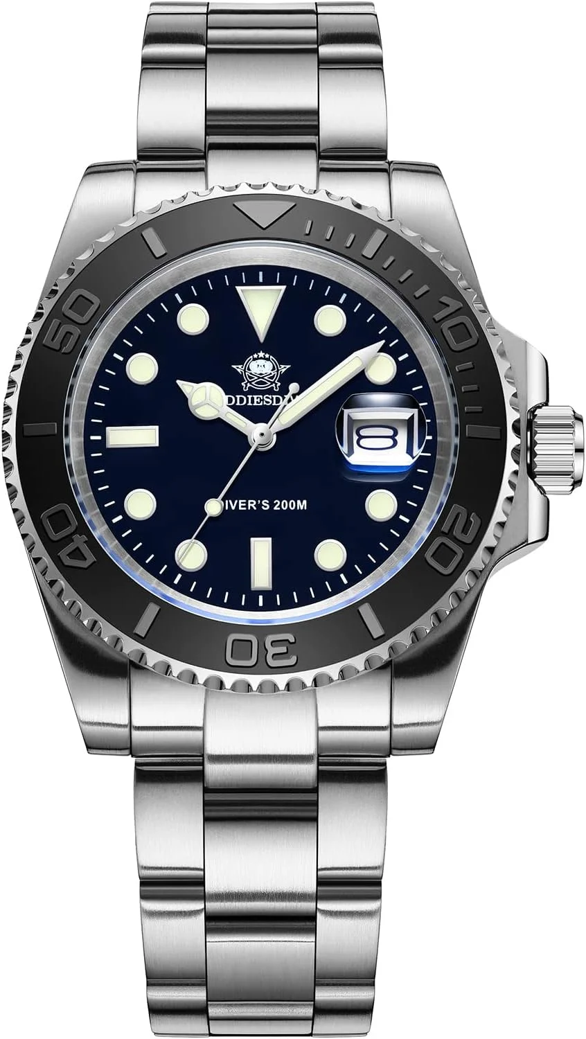 ساعت مچی مردانه ADDIESDIVE نقره‌ای مشکی، موتور کوارتز آنالوگ، ضد آب 200 متری، نورانی
