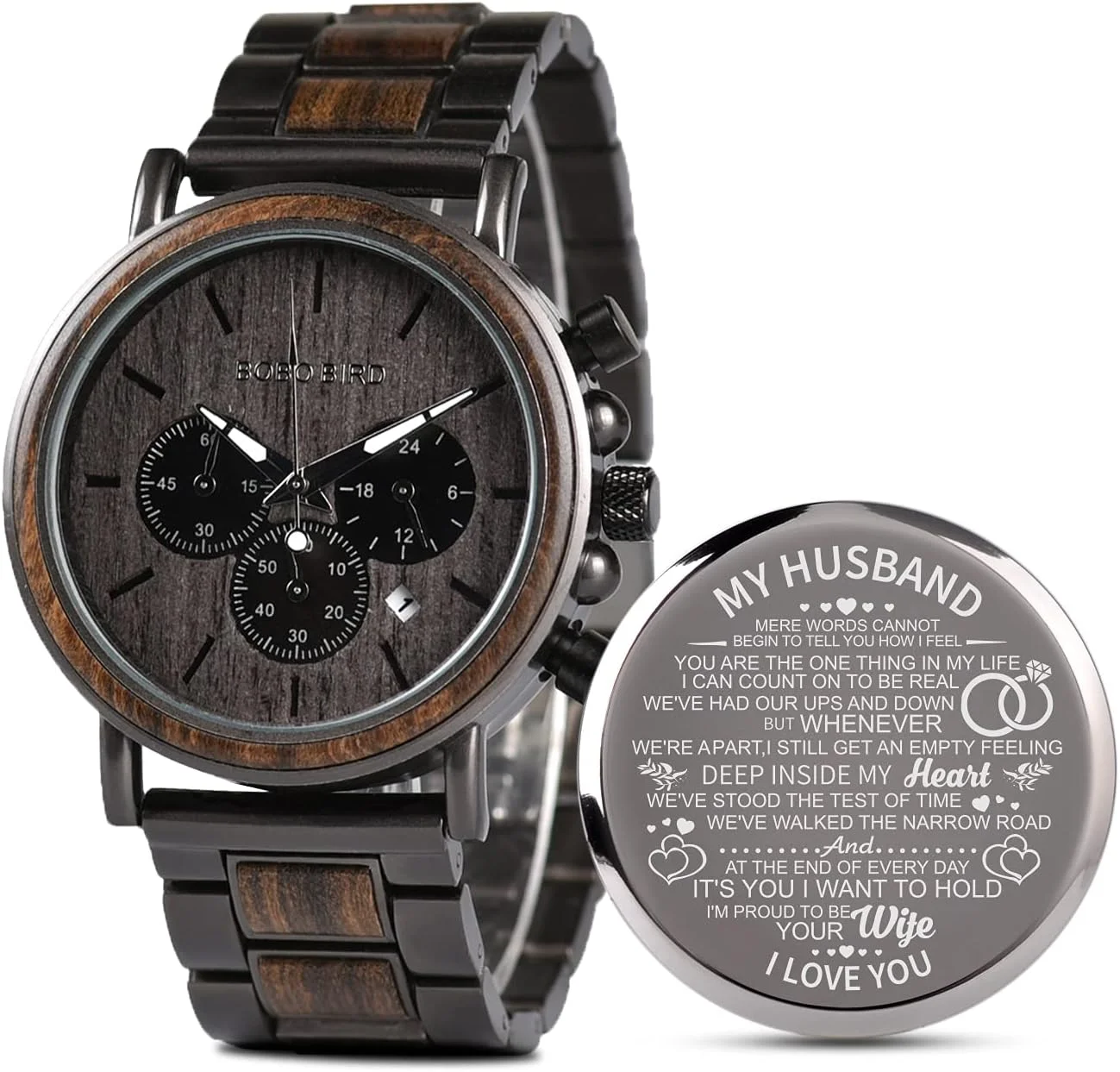 ساعت چوبی حکاکی شده برای مرد من، نامزد، شوهر، ساعت های چوبی شخصی سازی شده برای مردان، هدیه تولد سالگرد