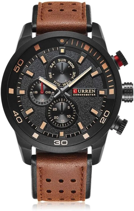 ساعت مچی مردانه کورن مدل 8250، اسپرت، دارای موتور کوارتز و بند چرمی - مشکی