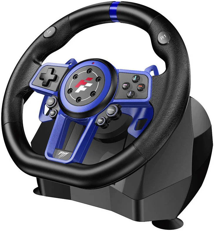 ست فرمان مسابقه ای Flashfire Suzuka Wheel F111، پدال کلاچ، دنده H، سنسور فرمان اثر هال، عملکرد بازخورد لرزشی، موتورهای دوگانه، چرخش قابل تنظیم 270 درجه و 900 درجه، آبی/مشکی | F111