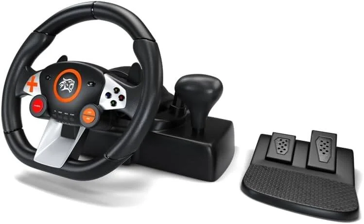 فرمان بازی Porodo Gaming 7in1 با مکانیزم فنری 270 درجه، پدال حساس، اتصال گیره ای، چرخ مسابقه ای 10 اینچی Plug & Play و اهرم دنده