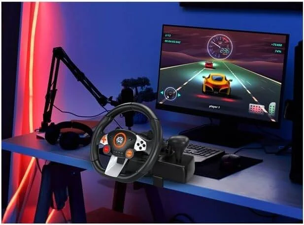 فرمان بازی Porodo Gaming 7in1 با مکانیزم فنری 270 درجه، پدال حساس، اتصال گیره ای، چرخ مسابقه ای 10 اینچی Plug & Play و اهرم دنده