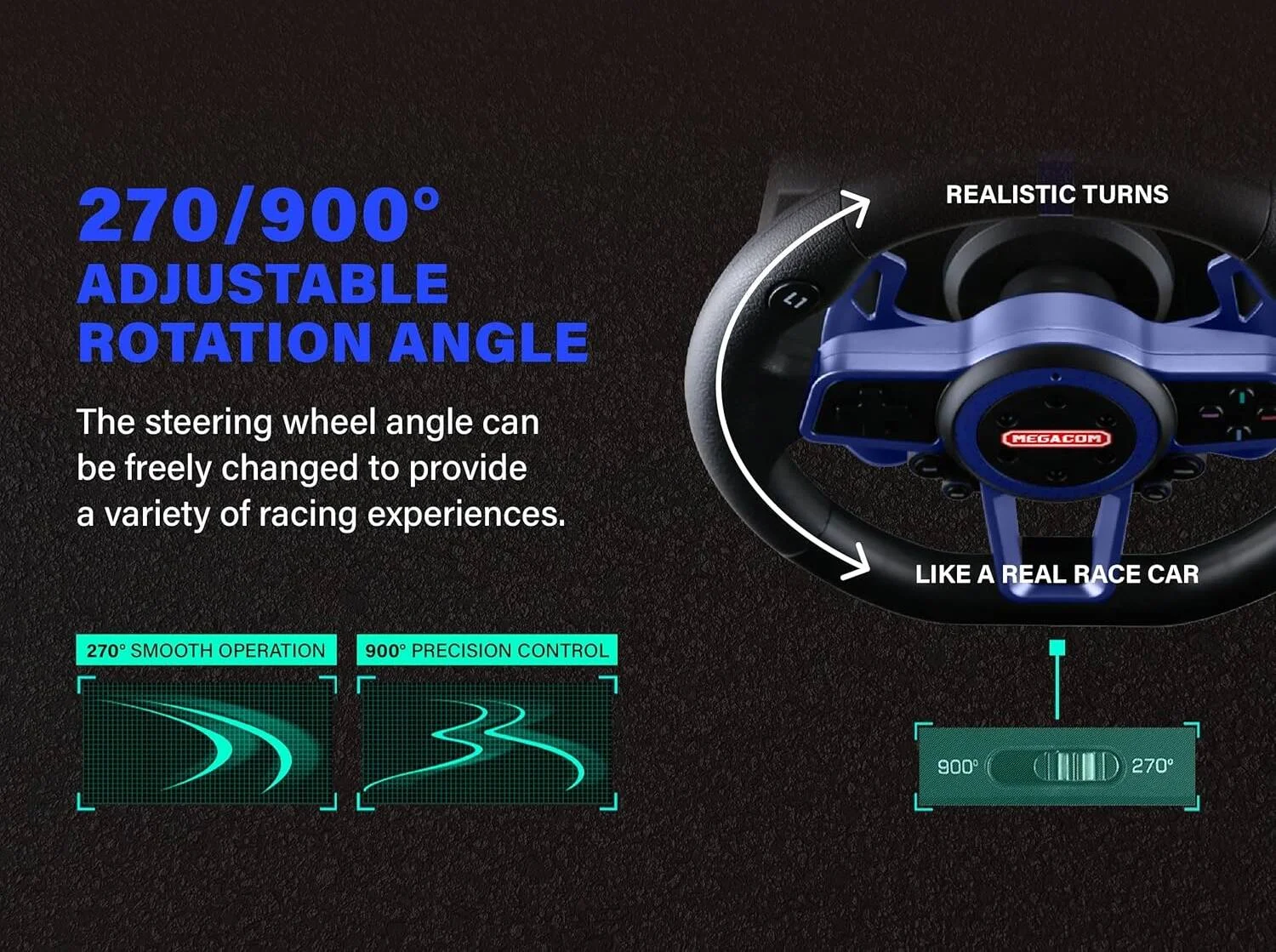 فرمان مسابقه مگامکس ویل M111 MEGACOM، 270°/900°، 10 اینچ، دارای پدال شیفتر، 3 پدال، شیفتر 6 سرعته، سازگار با پلتفرم های مختلف برای PC، P4، P5 و کنسول Switch