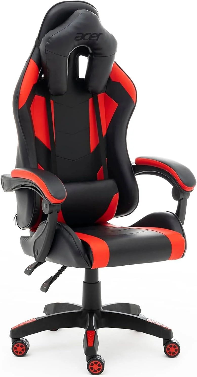 صندلی گیمینگ پشتی بلند و اسپرت ایسر، صندلی اداری کامپیوتر مسابقه ای با دسته های دارای پد اضافی، تنظیم ارتفاع 10 سانتی متری، تکیه گاه 135 درجه، چرم مصنوعی، بالشتک های فوم با چگالی بالا - مشکی و قرمز