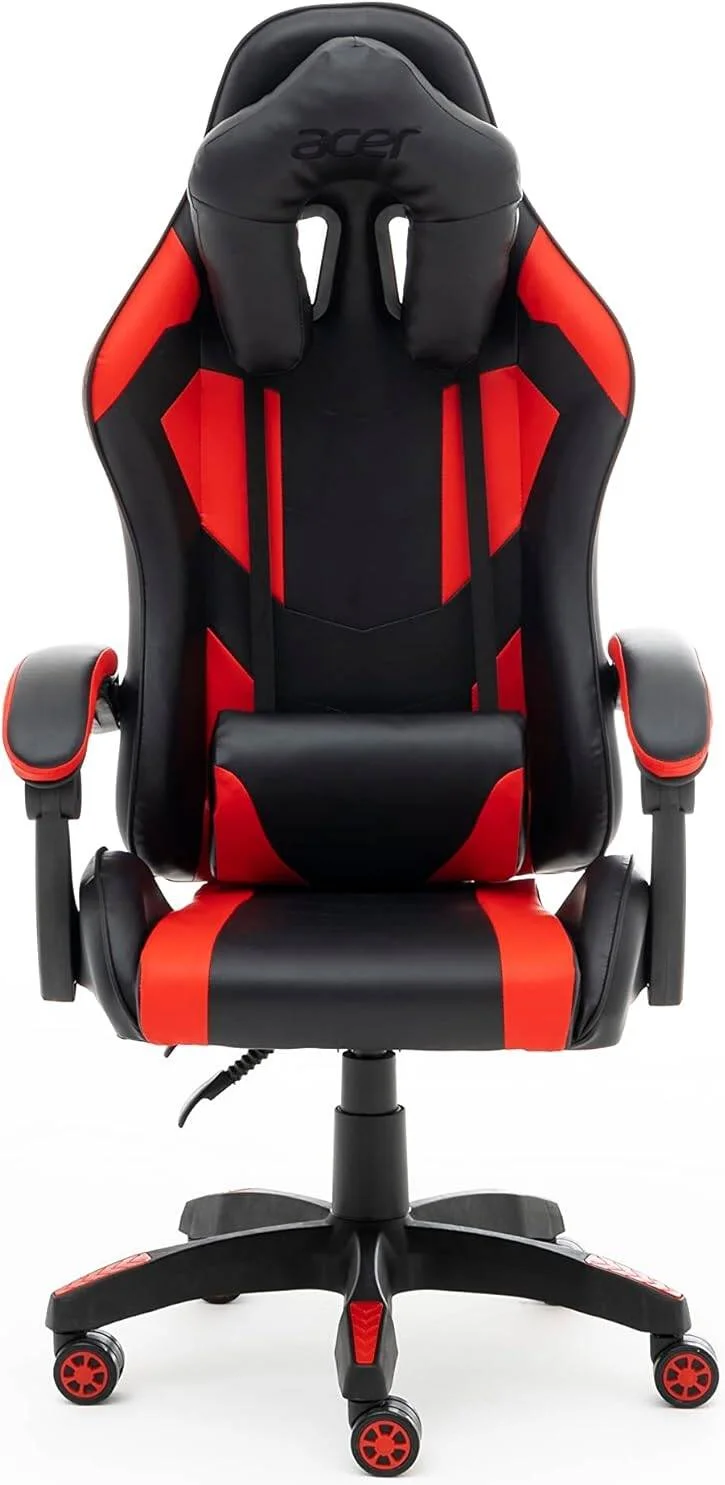صندلی گیمینگ پشتی بلند و اسپرت ایسر، صندلی اداری کامپیوتر مسابقه ای با دسته های دارای پد اضافی، تنظیم ارتفاع 10 سانتی متری، تکیه گاه 135 درجه، چرم مصنوعی، بالشتک های فوم با چگالی بالا - مشکی و قرمز