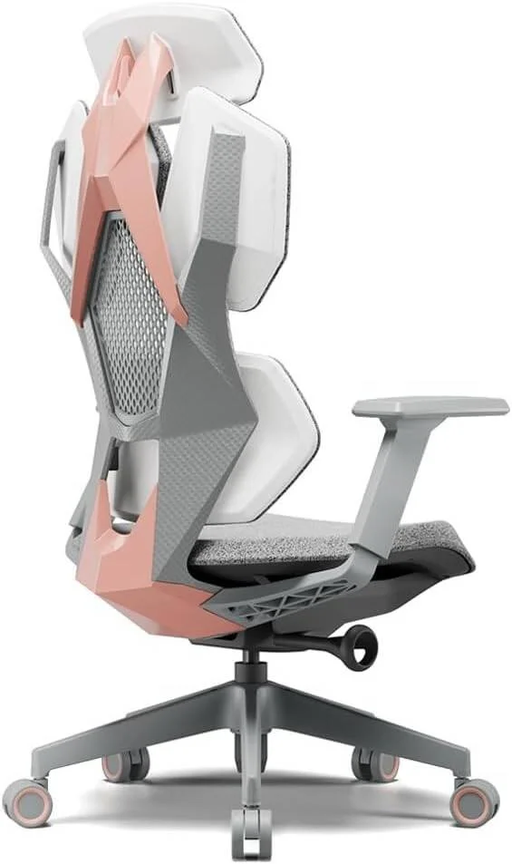 صندلی گیمینگ ارگونومیک ممتاز سفید صورتی AFTERWORK با مکانیزم چند منظوره، بالابر گازی کلاس 4، چرخ های PU، آویز لباس، پایه نایلونی 700 میلی متری