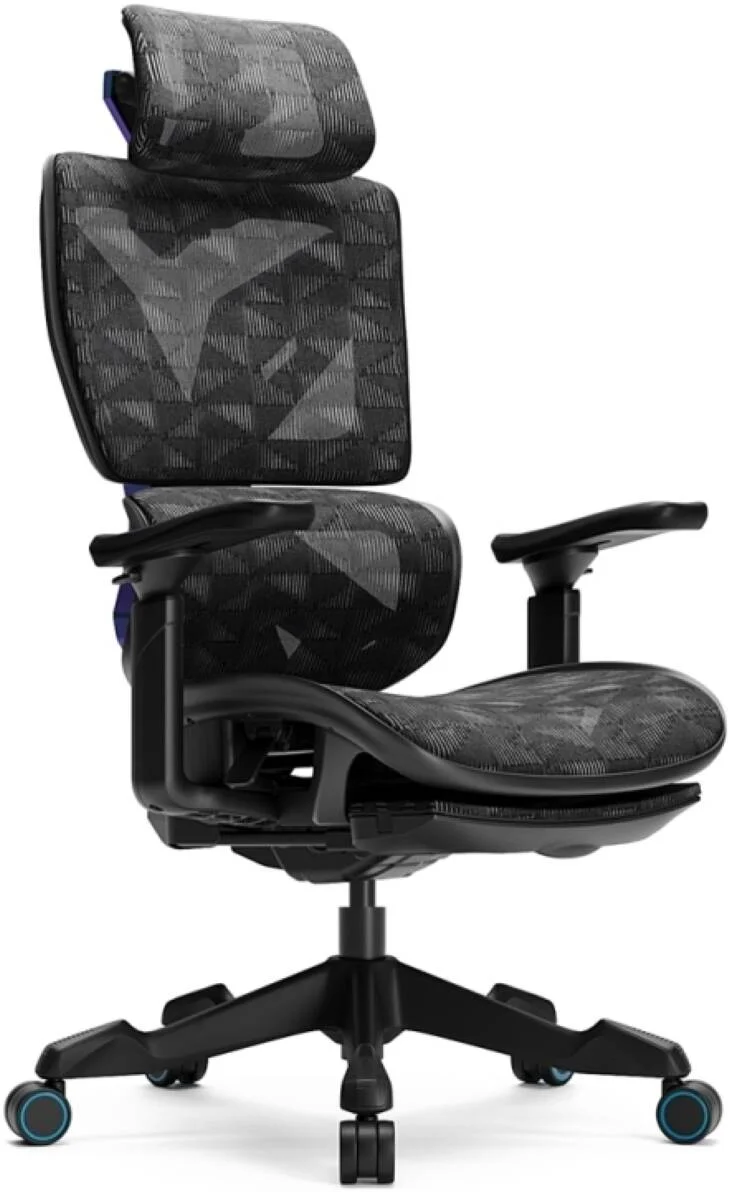 صندلی گیمینگ فوق ارگونومیک Afterwork Xyrion مشکی با زیرپایی، طراحی مدرن، تکیه گاه سر و دسته قابل تنظیم سه بعدی، توری تنفسی، مشکی و آبی | Xyrion