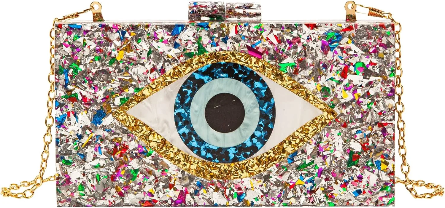 کیف دستی کلاچ زنانه LETODE - کیف مجلسی اکریلیک چشم نظر کیف شب زنجیری کیف شانه ای دستی، 2-مشکی 00