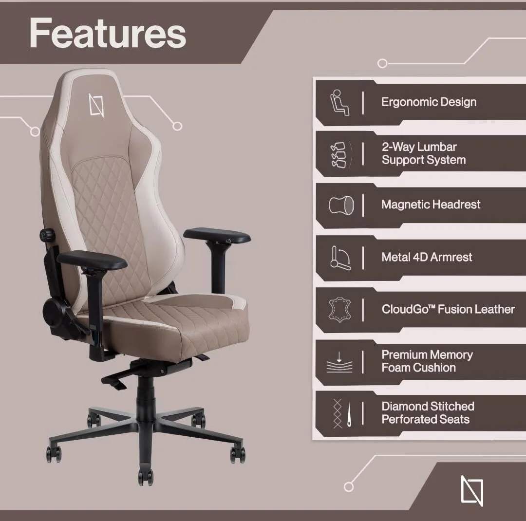صندلی اِیپِکس، صندلی گیمینگ ارگونومیک ممتاز با بالشتک های فوم حافظه دار، تکیه گاه سر مغناطیسی و پشتیبانی کمری یکپارچه از نَوِدِسک (چرم ابری - M، اسپرسو)