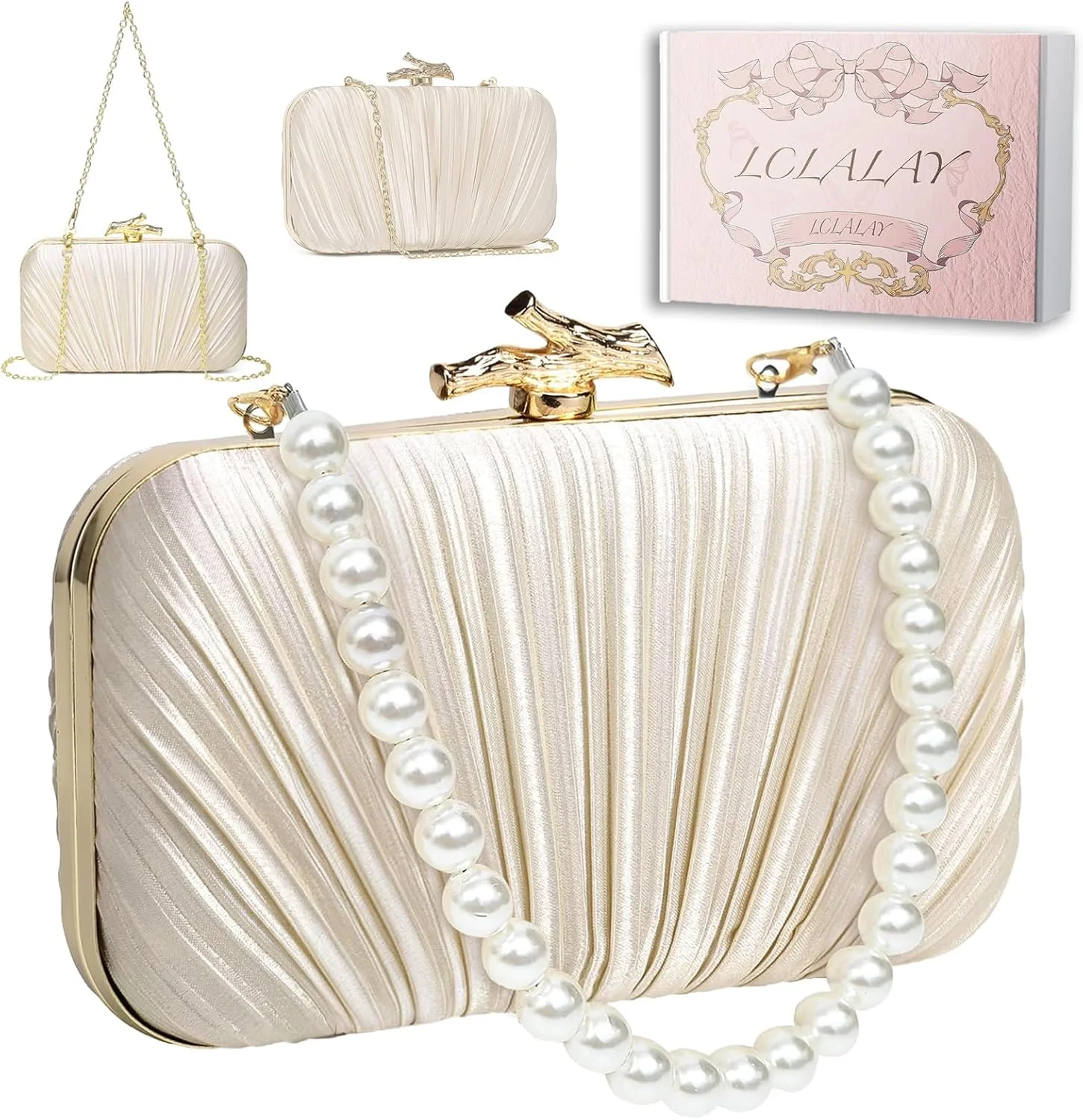 کیف دستی مجلسی زنانه، کیف کلاچ صدفی پلیسه ساتن، کیف بافته شیک و مد روز چرم PU رسمی برای مهمانی عروسی، کوکتل، جشن رقص و شام با زنجیر مرواریدی