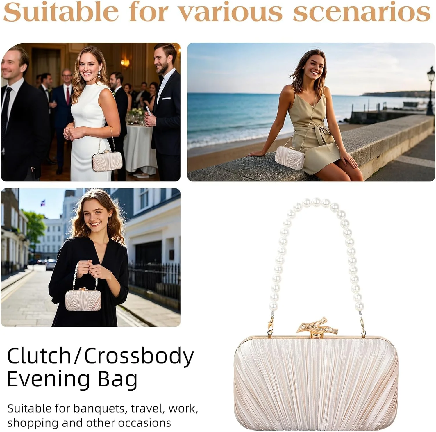 کیف دستی مجلسی زنانه، کیف کلاچ صدفی پلیسه ساتن، کیف بافته شیک و مد روز چرم PU رسمی برای مهمانی عروسی، کوکتل، جشن رقص و شام با زنجیر مرواریدی