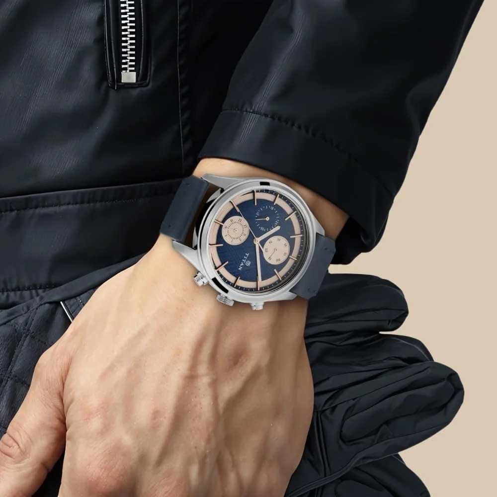 ساعت مچی مردانه تایتان مدل Workwear - کوارتز، مقاوم در برابر آب، بند چرمی – بند آبی و صفحه آبی