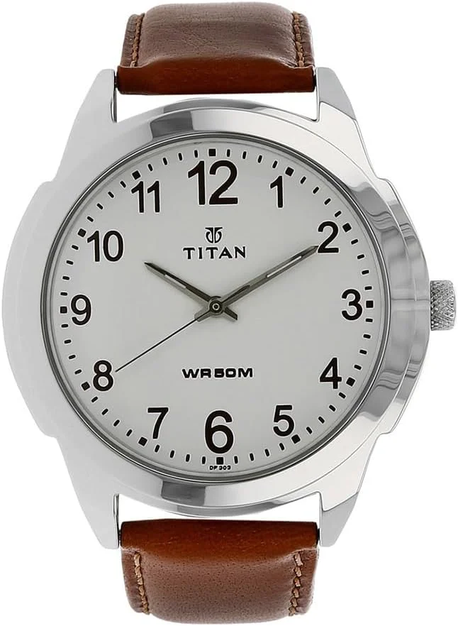 ساعت آنالوگ مردانه تایتان | دارای بند چرمی با کیفیت بالا | صفحه گرد || ساعت با کیفیت بالا | مقاوم در برابر آب | صفحه نقره ای | رنگ قهوه ای روشن