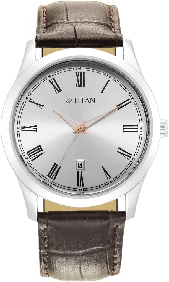 ساعت مچی مردانه تایتن ترندسترز با صفحه نقره ای سفید و بند چرمی