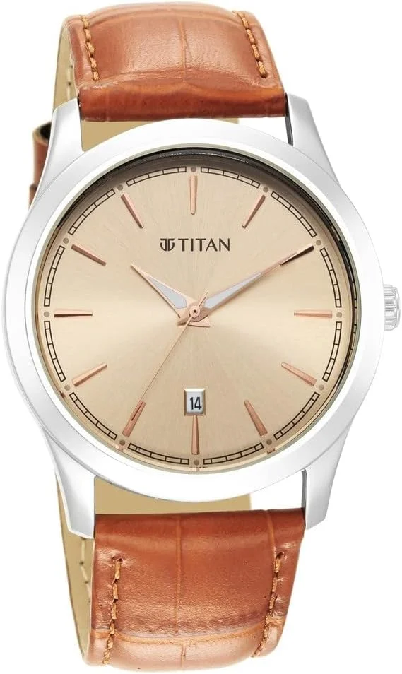 ساعت مچی مردانه تایتان ترندسترز با صفحه رزگلد روشن و بند چرمی