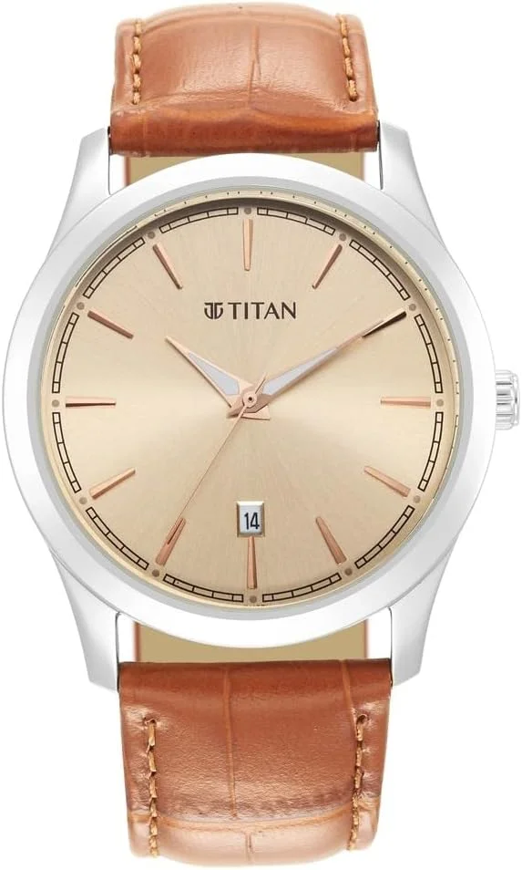 ساعت مچی مردانه تایتان ترندسترز با صفحه رزگلد روشن و بند چرمی