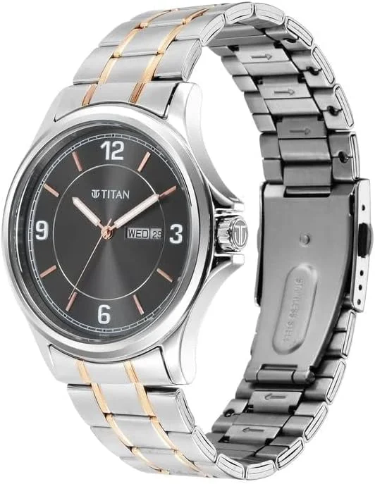 ساعت مچی آنالوگ مردانه تایتان Trendsetters با صفحه خاکستری، نقره ای و رزگلد، بند فلزی