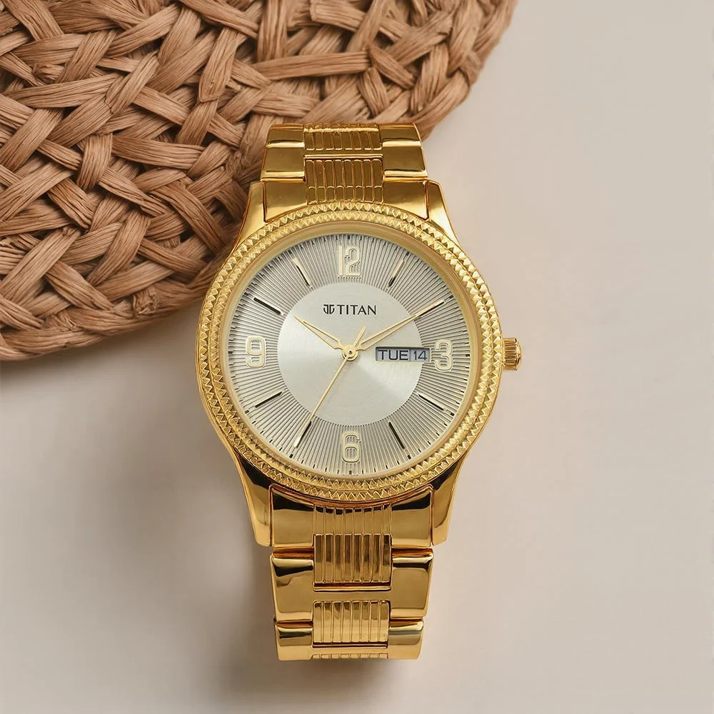 ساعت مچی آنالوگ مردانه تایتان مدل Karishma با بدنه استیل و صفحه خاکستری - 1650Ym09، رنگ بند - طلایی