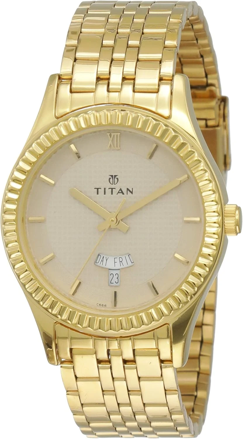 ساعت مچی مردانه تایتان Regalia با صفحه سفید آنالوگ - NN1528YM04، طلایی، سفید