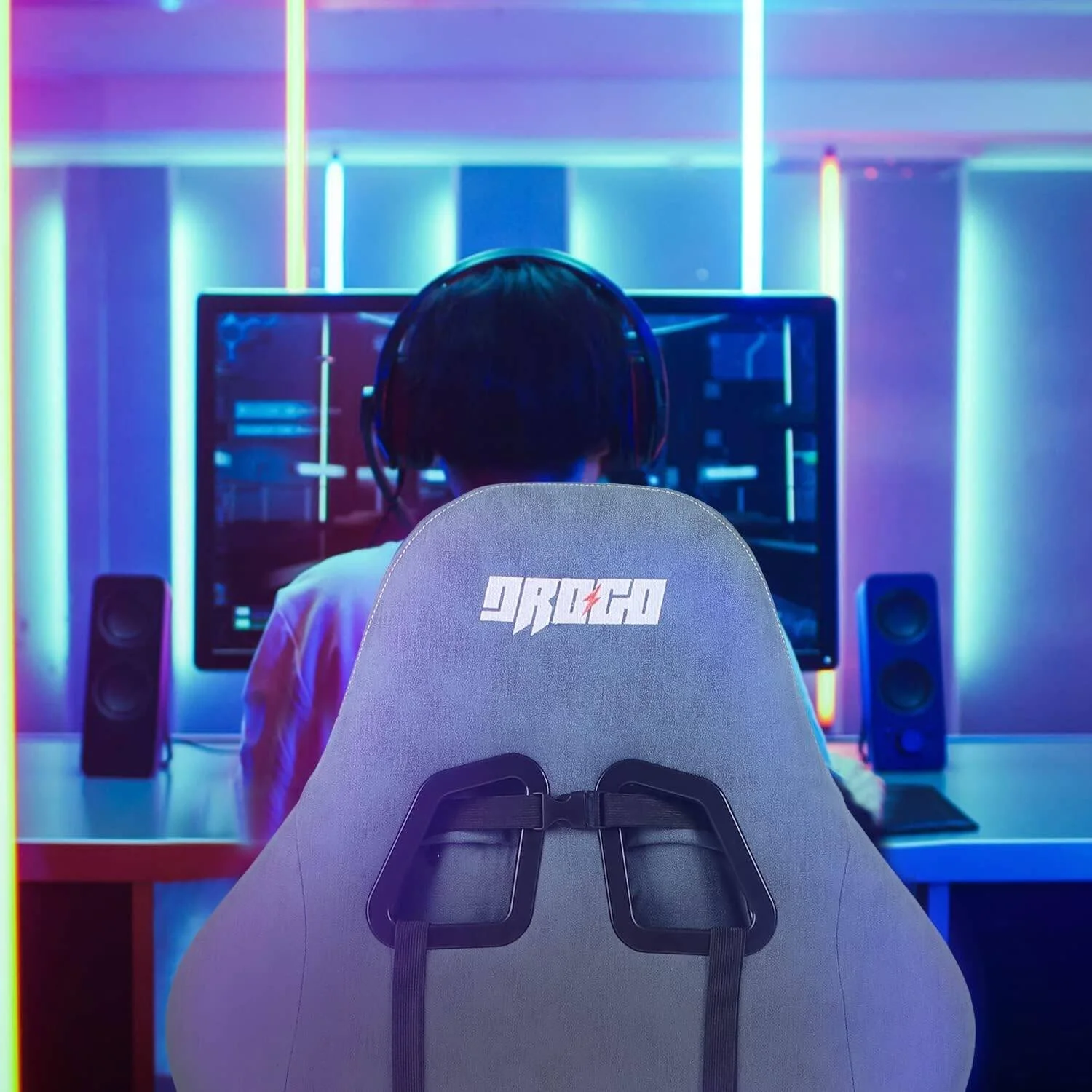 صندلی گیمینگ چند منظوره و ارگونومیک BAYBEE Drogo با قابلیت تنظیم 7 جهته صندلی، دسته 3D، پارچه، پشتی سر، بالش ماساژور کمری USB، صندلی میز اداری با تکیه گاه کامل و زیرپایی، آبی | DGC002