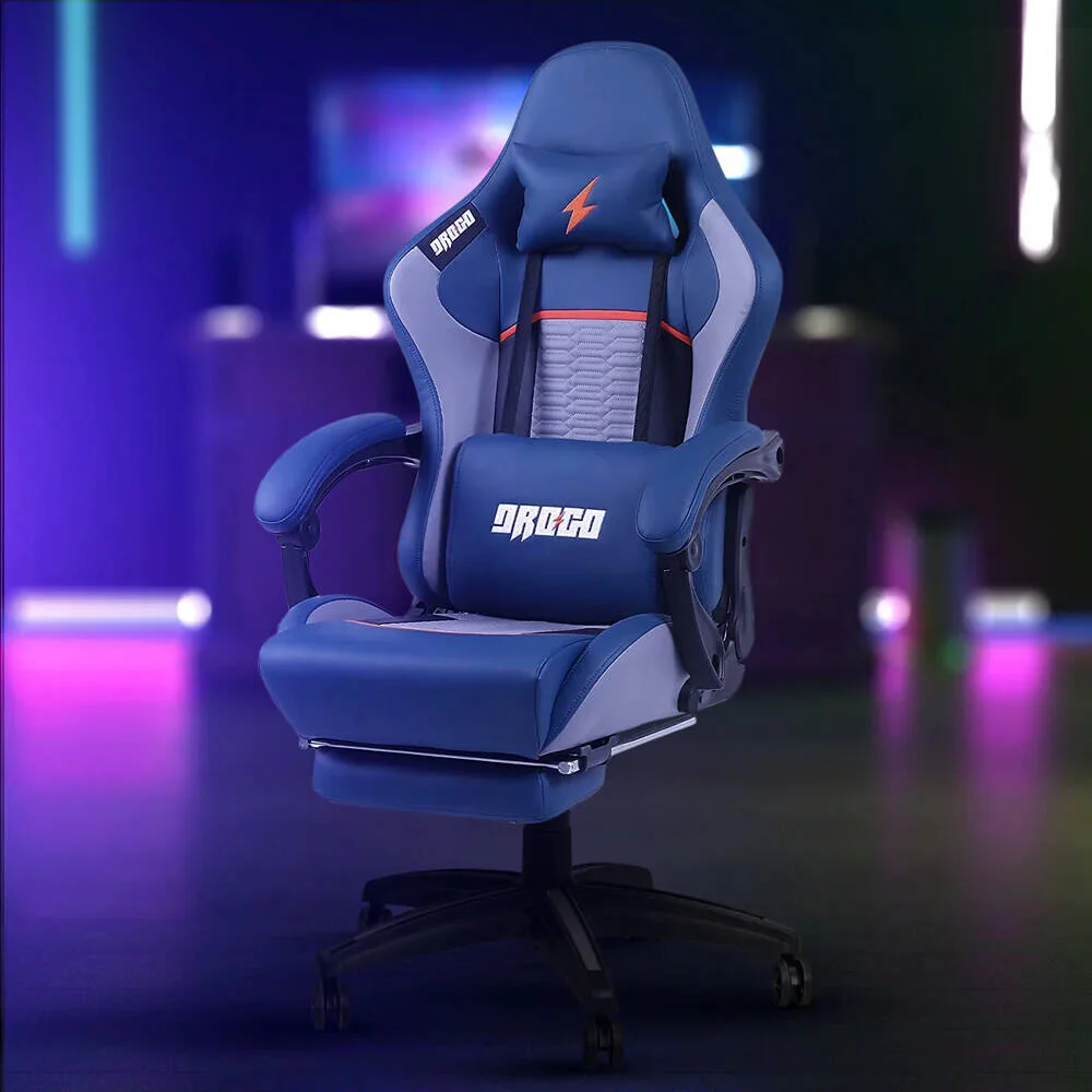 صندلی گیمینگ چند منظوره ارگونومیک BAYBEE Drogo با قابلیت تنظیم 7 جهته صندلی، ماساژور سر و USB، بالش کمری چرمی PU، صندلی خانگی و اداری با تکیه گاه کاملاً خوابیده و زیرپایی، آبی | DGC003