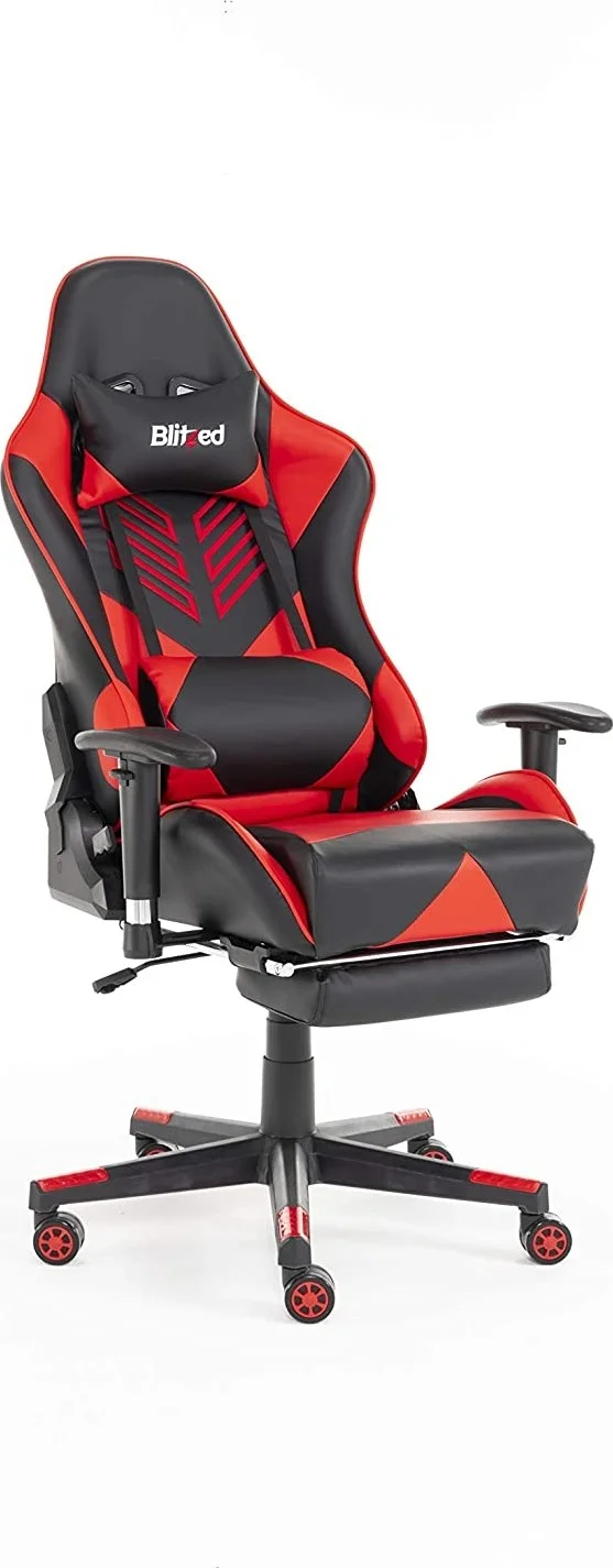 صندلی گیمینگ طرح مسابقه ای چرم مصنوعی آدونیس بلیتز با بالشتک سر و کوسن کمری و زیرپایی - قرمز