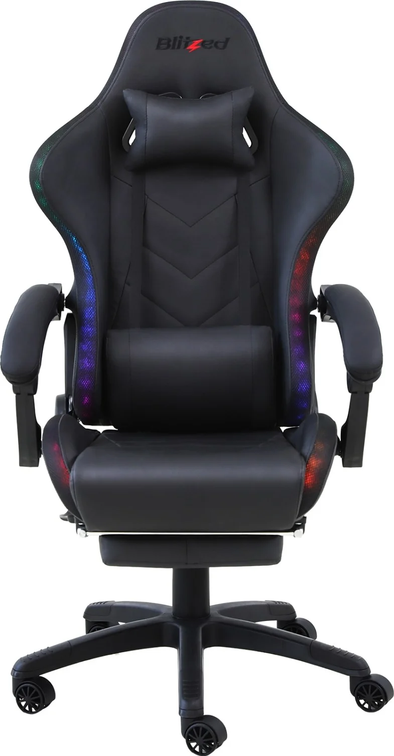 صندلی گیمینگ RGB مدل مسابقه ای با زیرپایی جمع شونده و بالش کمری ماساژور دار 6688 - مشکی | 6688