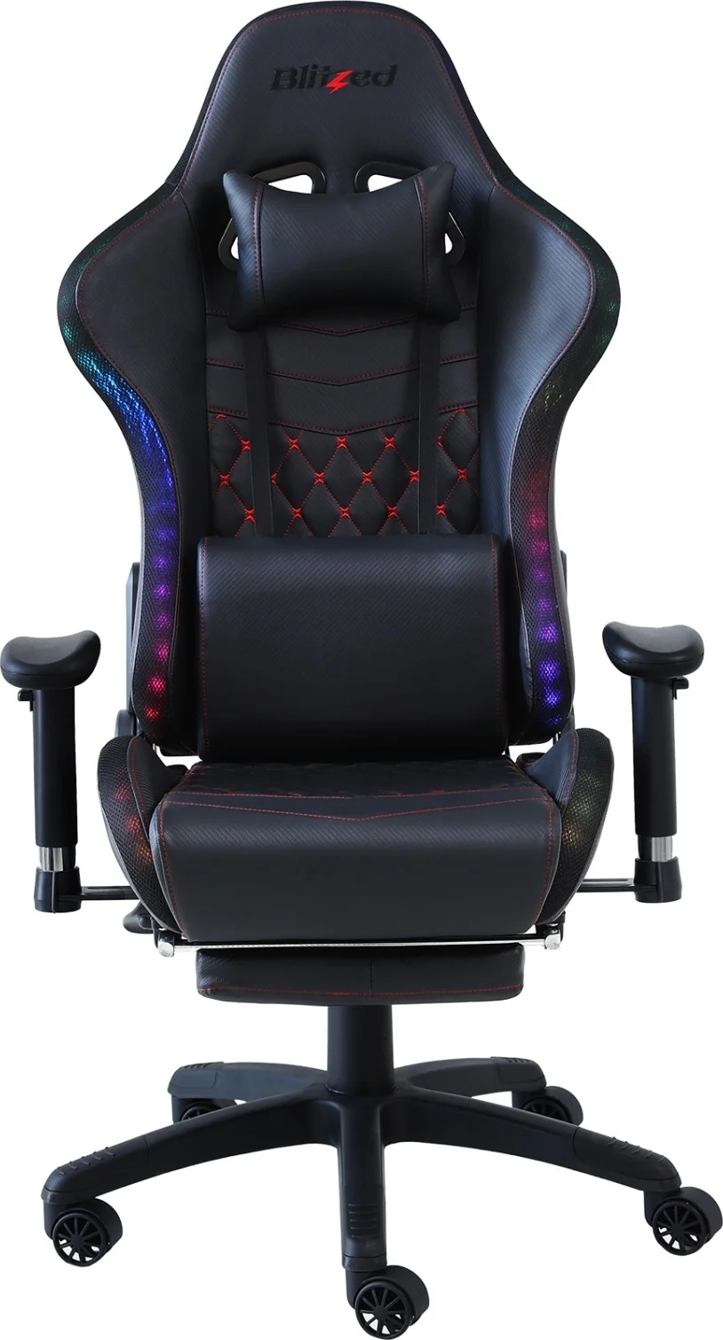 صندلی گیمینگ RGB مدل مسابقه ای با زیرپایی جمع شونده و بالش کمری ماساژور دار 6689 - مشکی | 6689