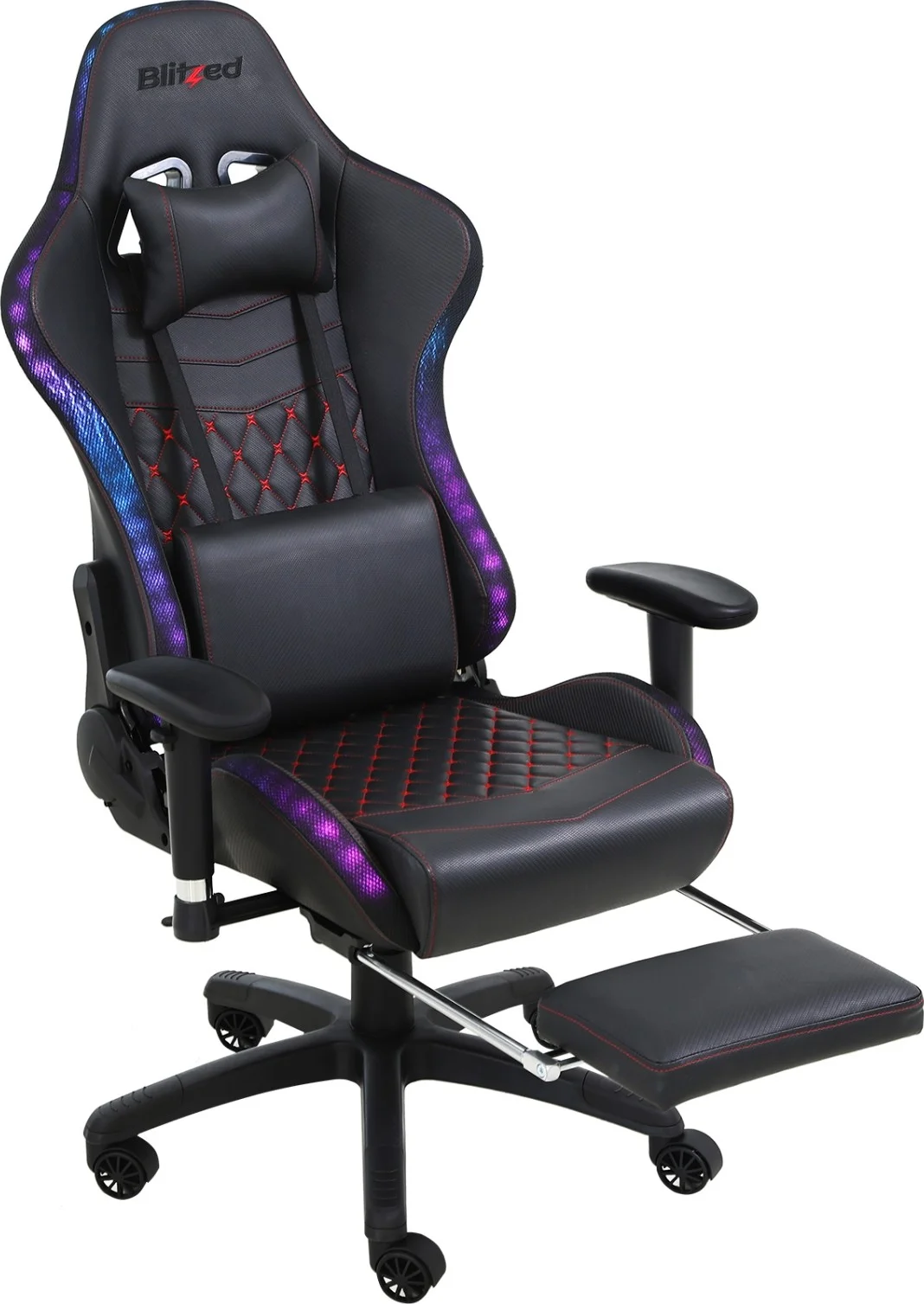 صندلی گیمینگ RGB مدل مسابقه ای با زیرپایی جمع شونده و بالش کمری ماساژور دار 6689 - مشکی | 6689