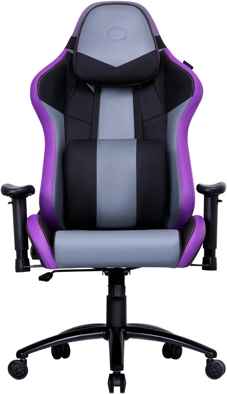 صندلی گیمینگ کولر مستر کالیبر R3، پشتیبانی قابل تنظیم کمر، تکیه گاه 180 درجه، قاب فولادی تقویت شده، فوم حافظه دار، PU تنفسی، بالابر گازی کلاس 4، دسته های 2D، مشکی/بنفش | CMI-GCR3-PR