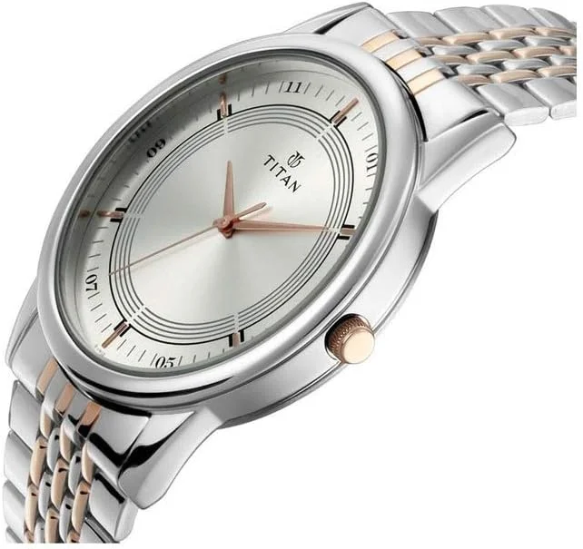 ساعت مچی عقربه‌ای تایتان باندهان با صفحه گرد نقره‌ای و بند استیل دو رنگ مناسب زوج‌ها - 17732603KM01