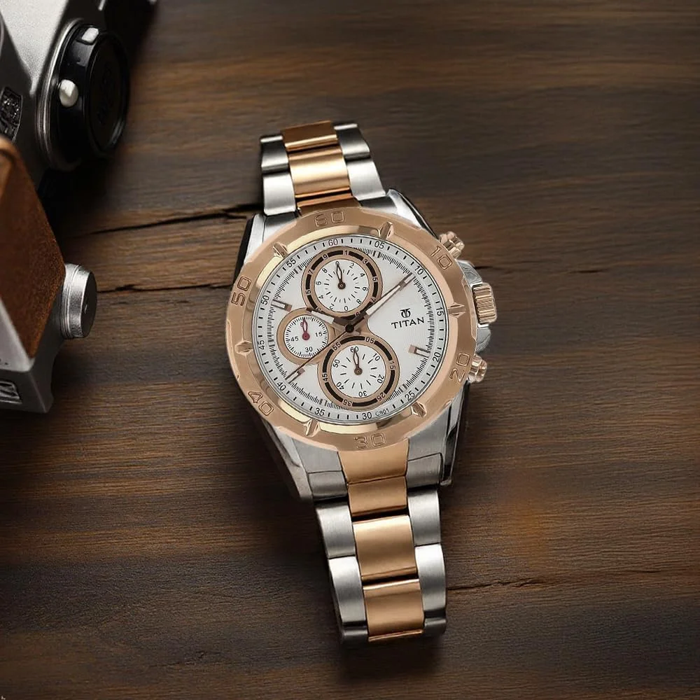 ساعت مچی مردانه تیتان مدل کرونوگراف فلزی با صفحه خاکستری Nm9308Km01/Nn9308Km01/Nr9308Km01، رنگ بند-چند رنگ