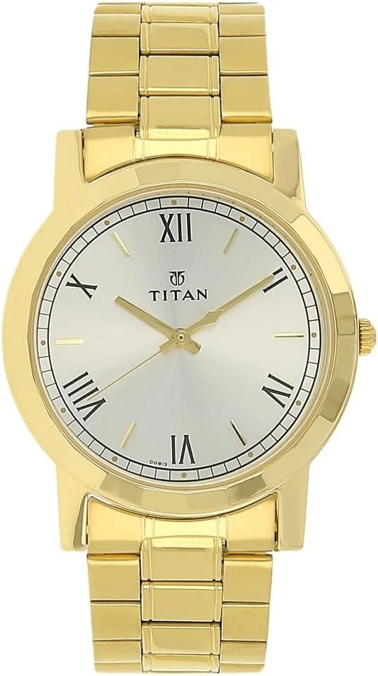 ساعت مچی مردانه تیتان آنالوگ صفحه نقره ای مدل NL1644YM01/NP1644YM01 بند استیل طلایی