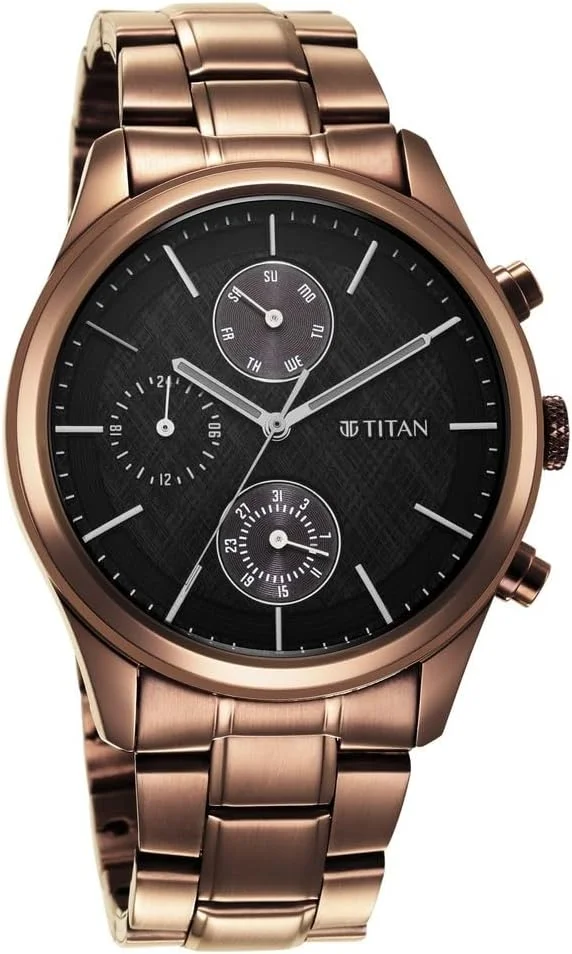 ساعت مچی مردانه تیتان مدل آنالوگ با صفحه مشکی و بند قهوه ای استیل - 1805QM04/NR1805QM04