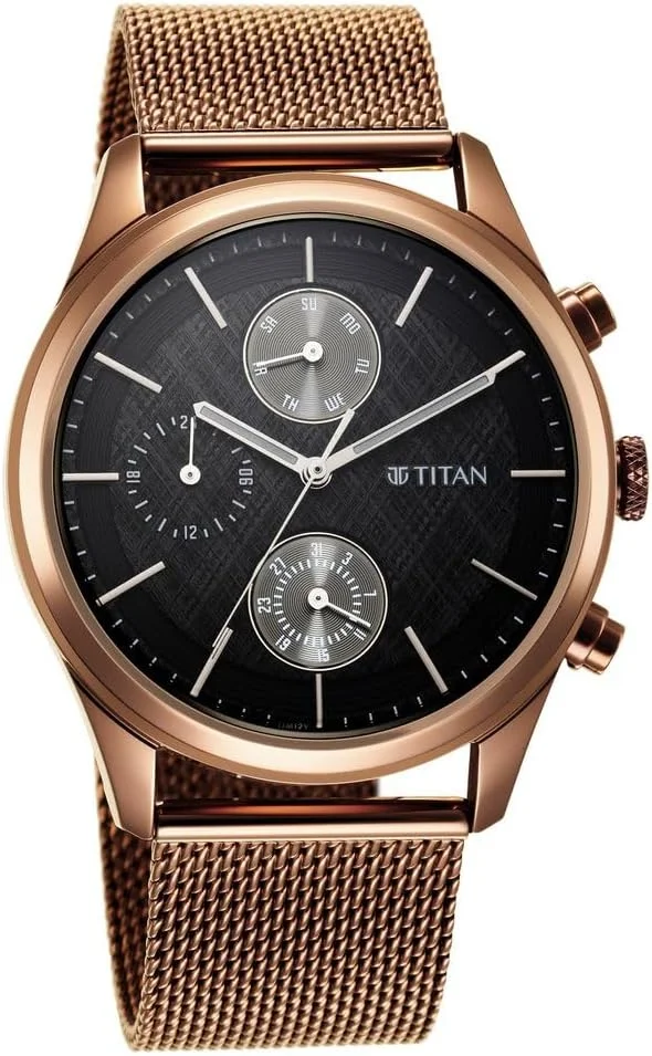 ساعت مچی مردانه تایتان آنالوگ با صفحه مشکی و بند قهوه ای از جنس استیل ضد زنگ - 1805QM05/NR1805QM05