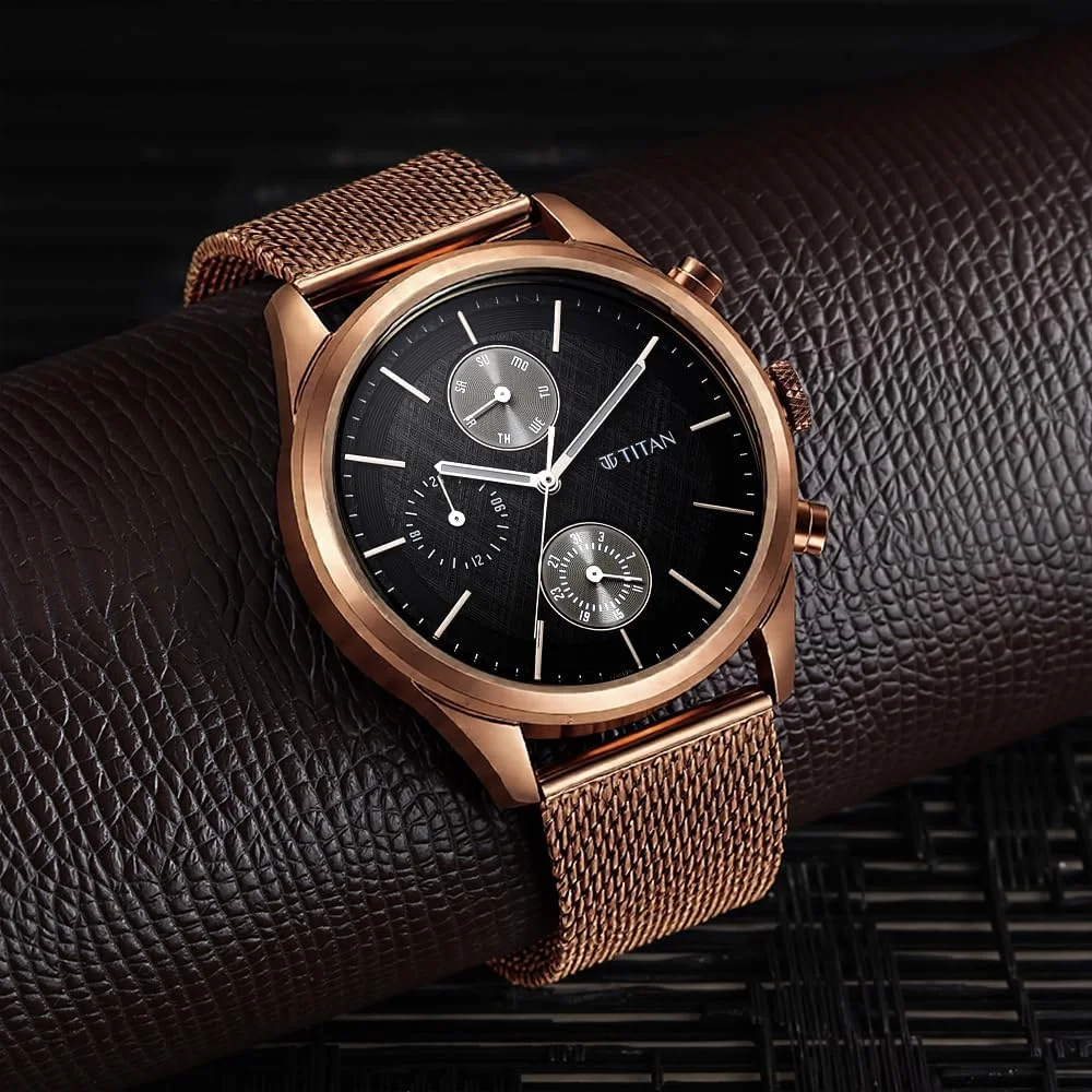 ساعت مچی مردانه تایتان آنالوگ با صفحه مشکی و بند قهوه ای از جنس استیل ضد زنگ - 1805QM05/NR1805QM05