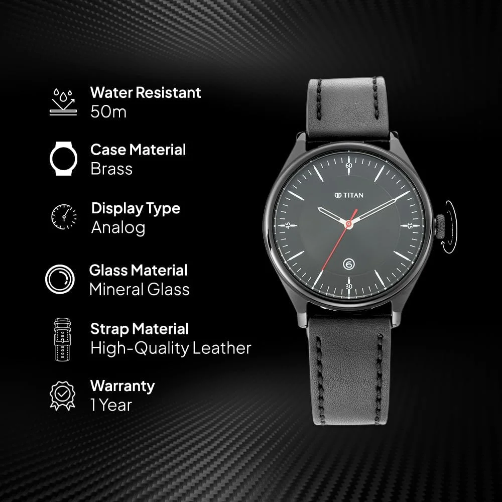 ساعت مچی آنالوگ مردانه تایتان | بند چرمی قهوه ای | صفحه گرد | مقاوم در برابر آب تا 50 متر
