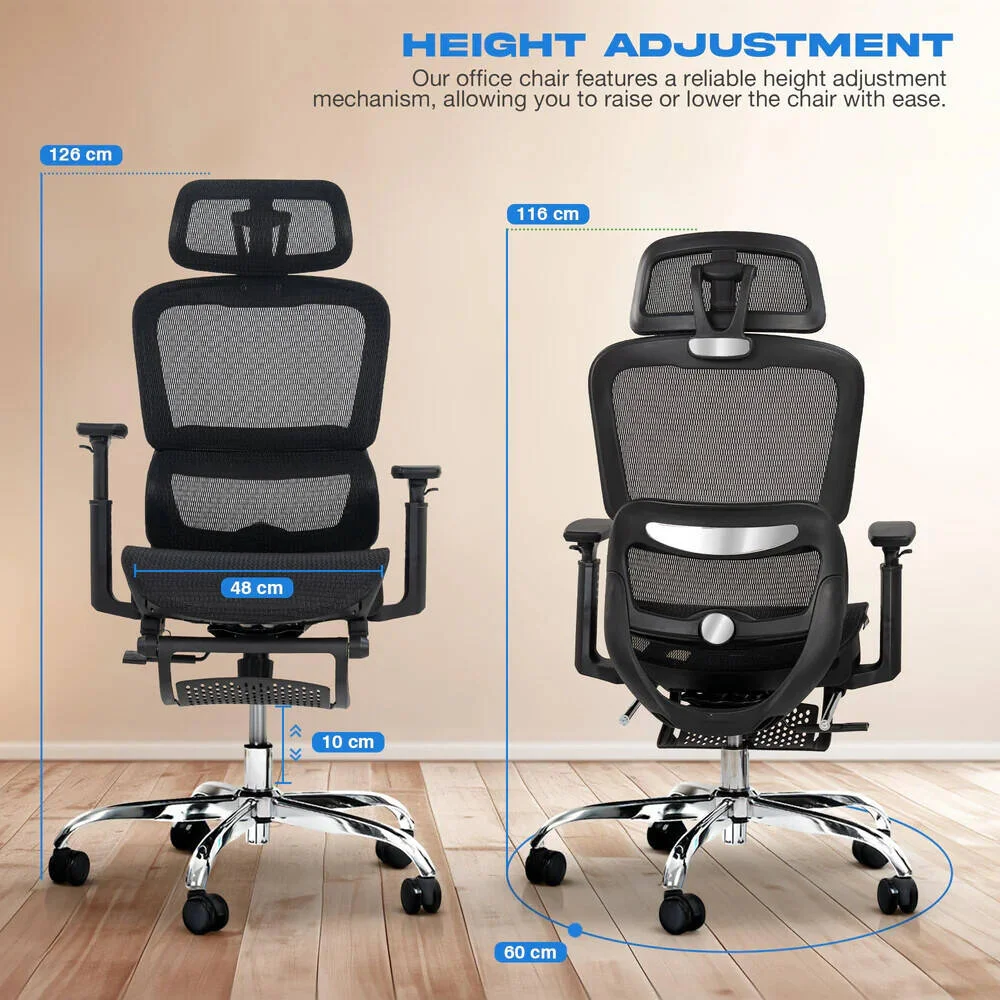 صندلی اداری ارگونومیک DROGO برای کار در منزل، صندلی کامپیوتر با توری تنفسی، صندلی قابل تنظیم، زیرپایی، دسته سه بعدی، تکیه گاه سر دو بعدی و پشتیبانی کمری | صندلی توری برای دفتر/خانه (مشکی) | DGC112