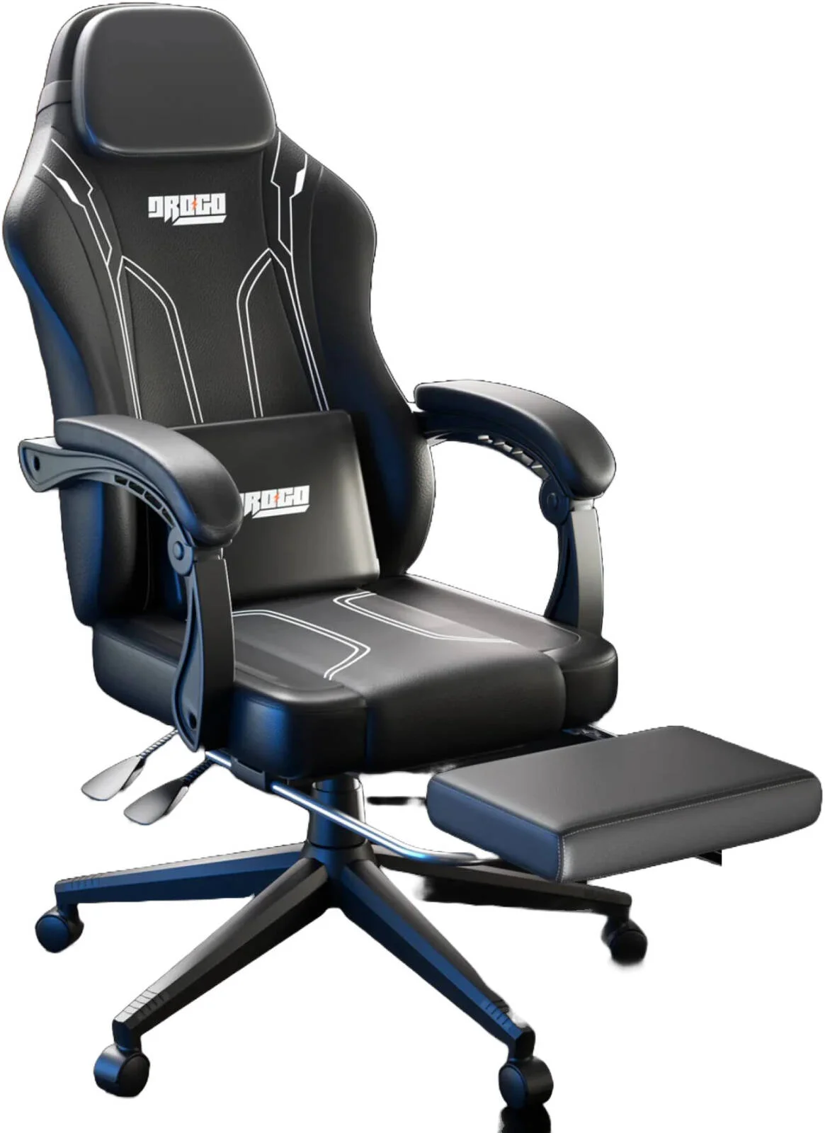 صندلی گیمینگ ارگونومیک DROGO Onyx، صندلی کامپیوتر پشتی بلند با چرم PU، تکیه گاه بازویی متصل، قابل تنظیم، پشتیبانی از سر و کمر، صندلی خانه و محل کار با زیرپایی، تکیه گاه، مشکی اونیکس | DGC012