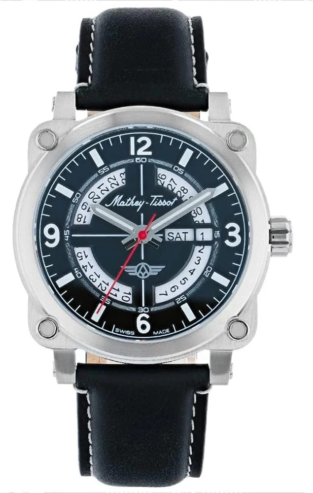 ساعت مچی کوارتز خلبانی مردانه متی تیسوت مدل MTWG6001101، مشکی، 22 میلی متر، ساعت سه عقربه تاریخ دار مجموعه خلبانی متی تیسوت