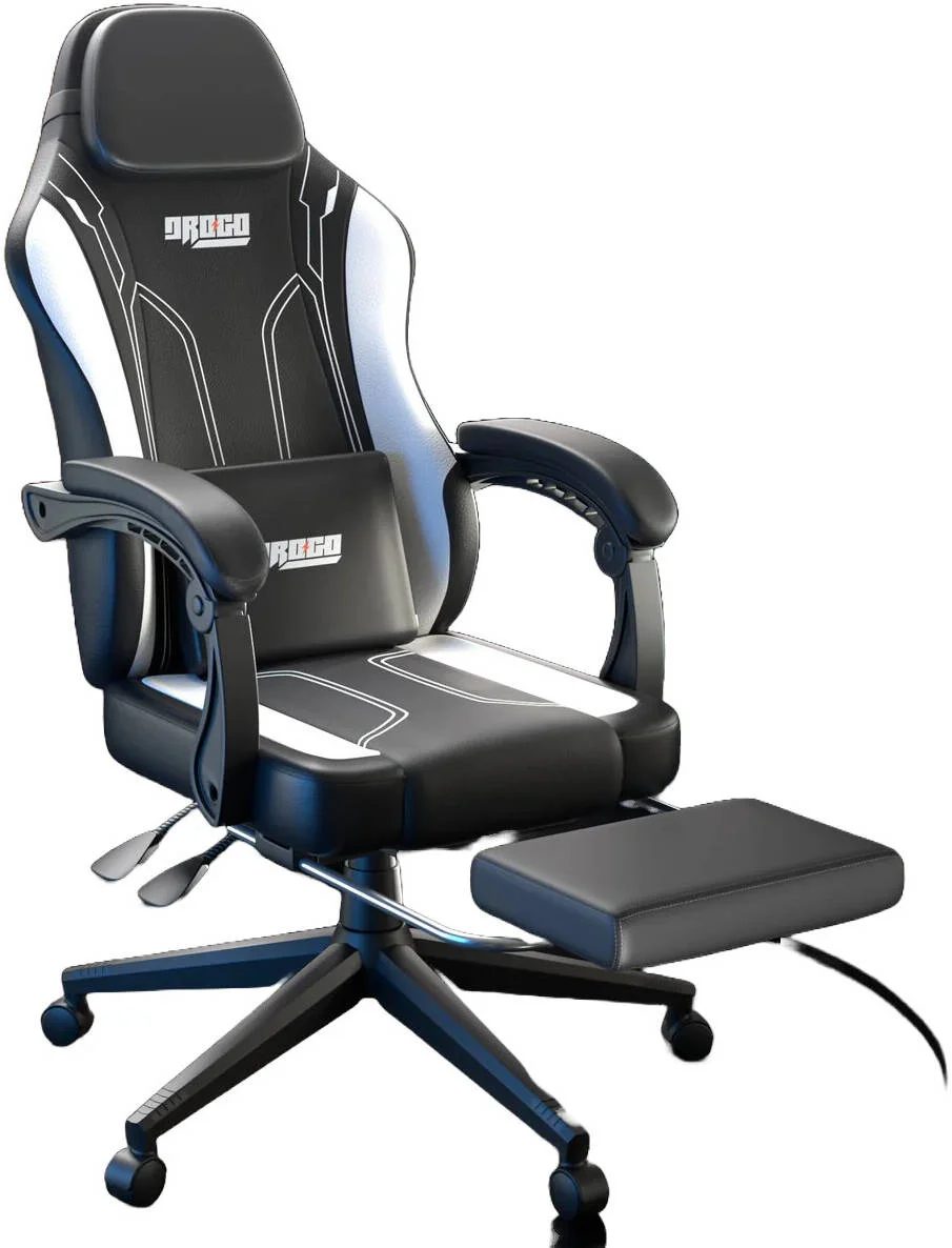 صندلی گیمینگ ارگونومیک DROGO Onyx، صندلی کامپیوتر پشتی بلند با چرم PU، تکیه گاه بازویی متصل، قابل تنظیم، پشتیبانی از سر و کمر، صندلی خانه و محل کار با زیرپایی، تکیه گاه، سفید اونیکس | DGC012