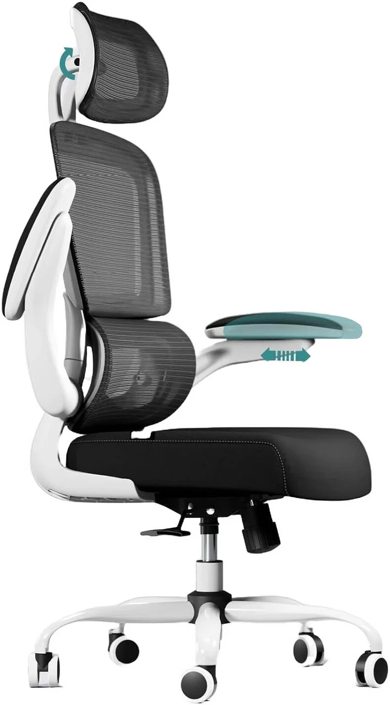 صندلی اداری ارگونومیک ممتاز دروگو برای کار در منزل، صندلی پشتی بلند با نشیمنگاه قابل تنظیم، پشتیبانی کمری و تکیه گاه سر، دسته های تاشو و حالت خوابیده، صندلی توری برای دفتر/خانه (سفید/مشکی) | DGC108