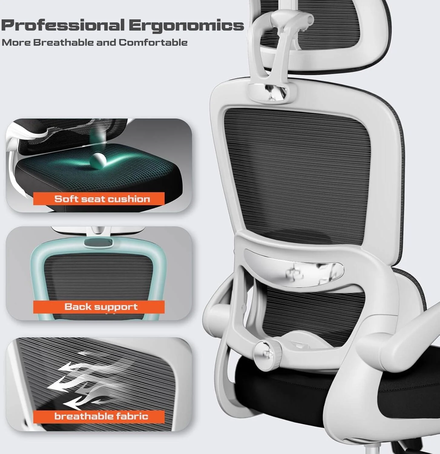 صندلی اداری ارگونومیک ممتاز دروگو برای کار در منزل، صندلی پشتی بلند با نشیمنگاه قابل تنظیم، پشتیبانی کمری و تکیه گاه سر، دسته های تاشو و حالت خوابیده، صندلی توری برای دفتر/خانه (سفید/مشکی) | DGC108