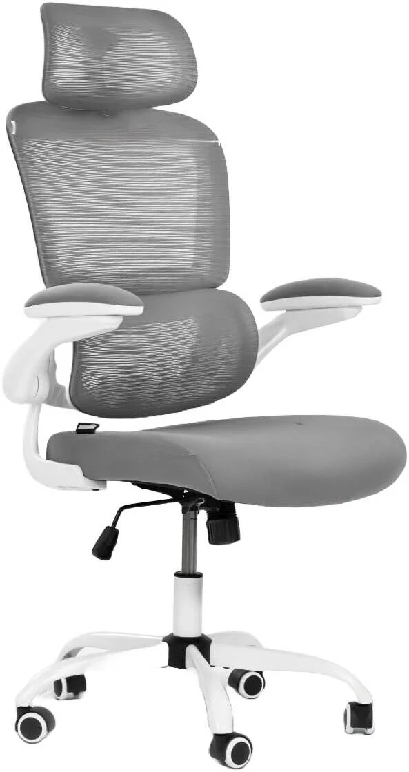 صندلی اداری ارگونومیک ممتاز دروگو برای کار در منزل، صندلی پشتی بلند با نشیمنگاه قابل تنظیم، پشتیبانی کمری و تکیه گاه سر، دسته های تاشو و حالت خوابیده، صندلی توری برای دفتر/خانه (سفید/خاکستری) | DGC108